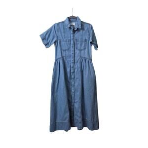 Maye Montana Denim Blue Button Down Midi Comfort Casual Western Midi Dress, XXS